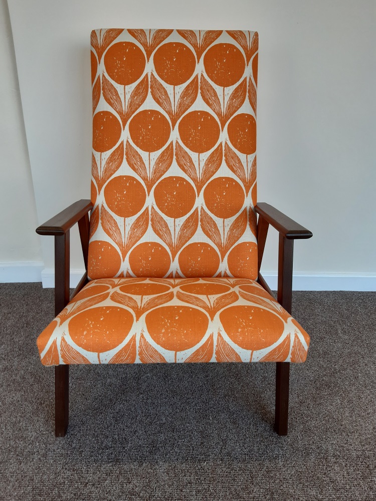 Danish teak high back chair orange print front